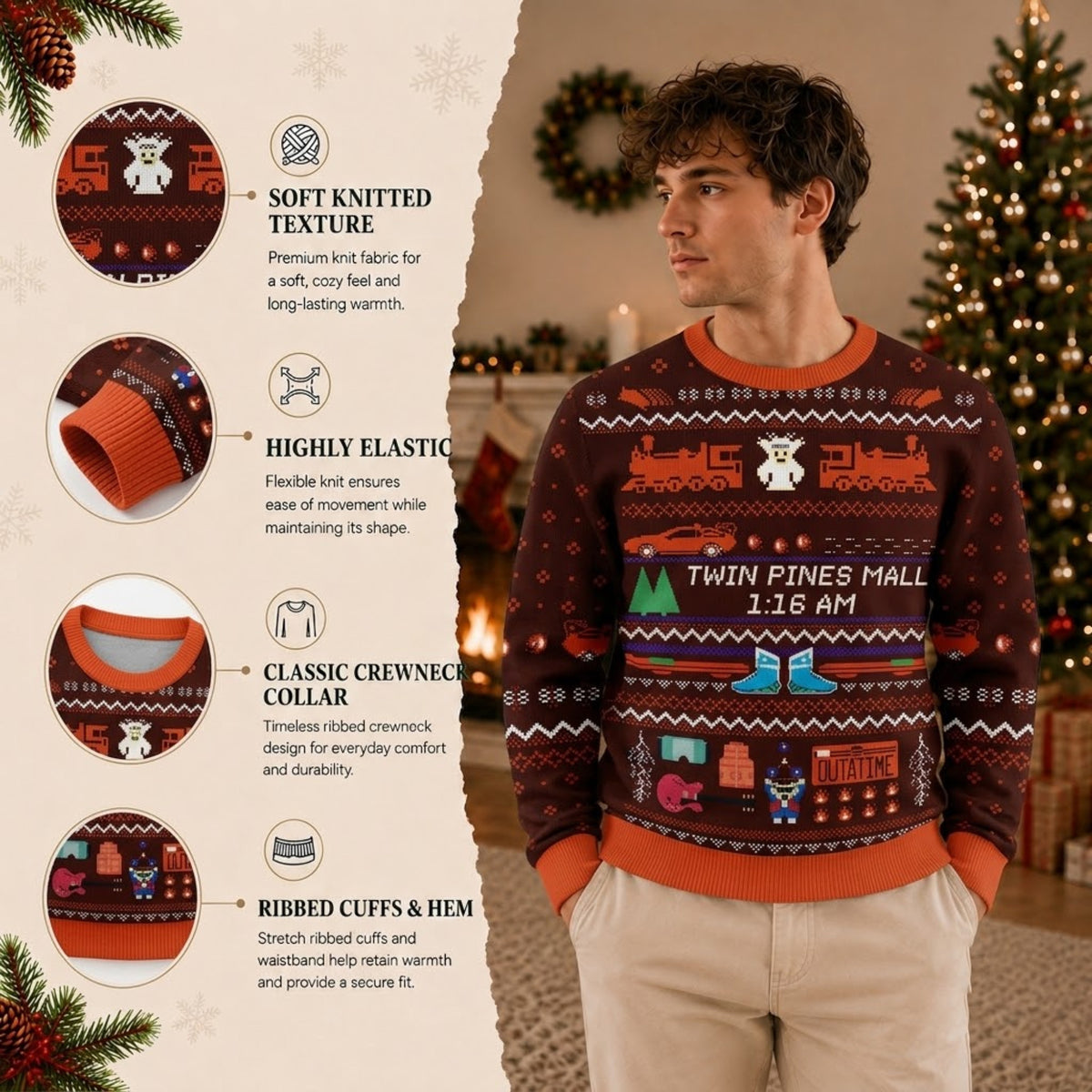 Twin Pines Mall Ugly Christmas Sweater - Sci-Fi Time Travel Holiday Knit Print