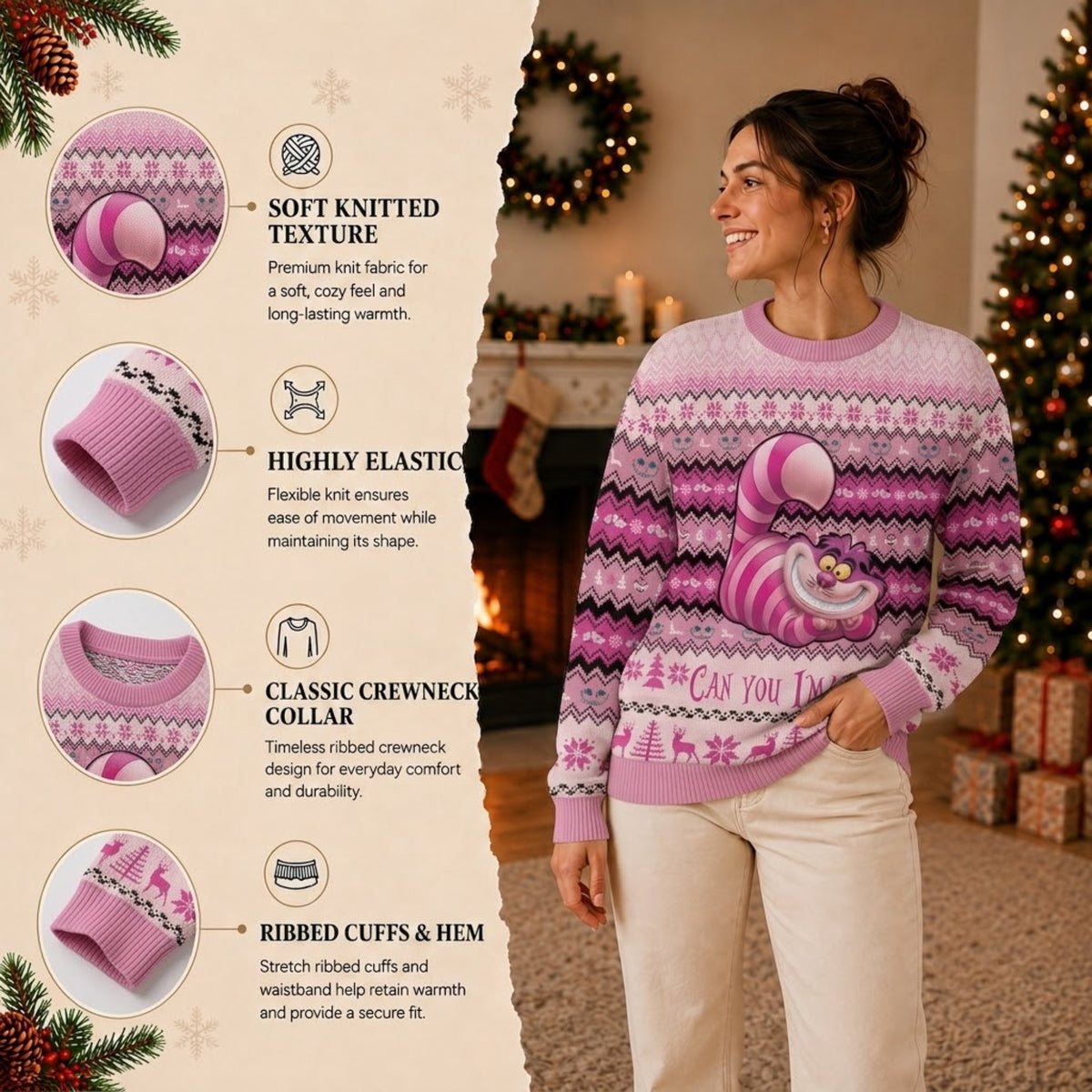 Cheshire Cat Alice in Wonderland Ugly Christmas Sweater - Cute Holiday Knit Print