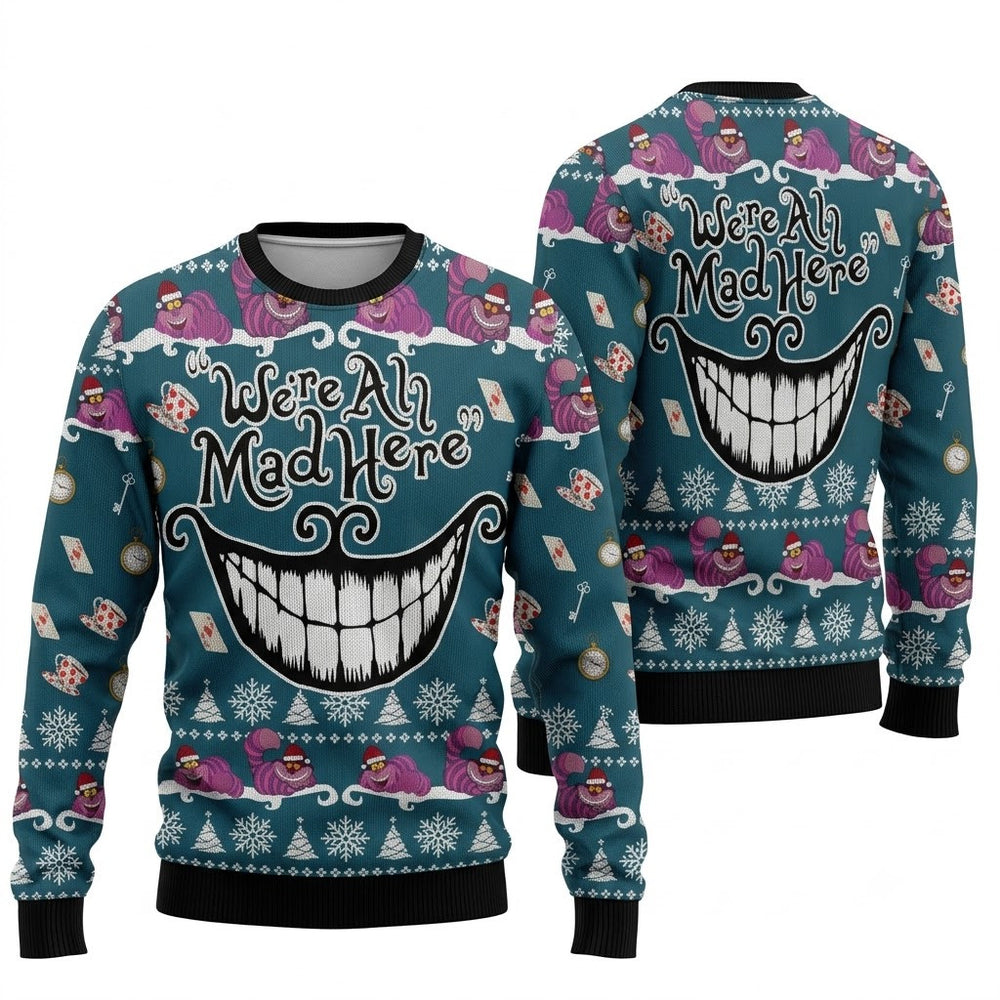 We Are All Mad Here Ugly Christmas Sweater - Cheshire Cat Holiday Knit Print