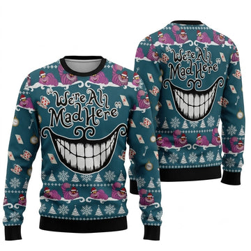 We Are All Mad Here Ugly Christmas Sweater - Cheshire Cat Holiday Knit Print