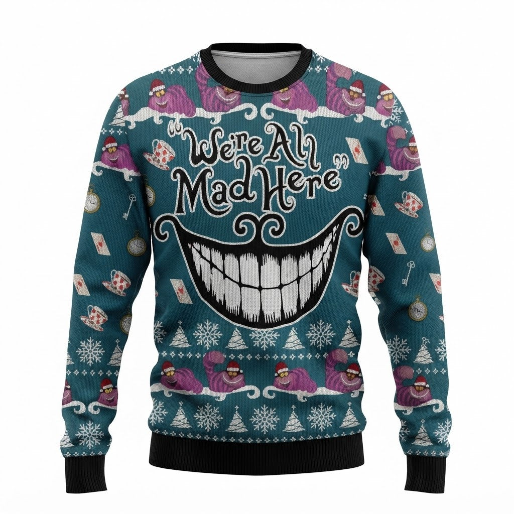 We Are All Mad Here Ugly Christmas Sweater - Cheshire Cat Holiday Knit Print