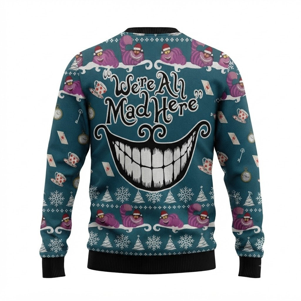 We Are All Mad Here Ugly Christmas Sweater - Cheshire Cat Holiday Knit Print