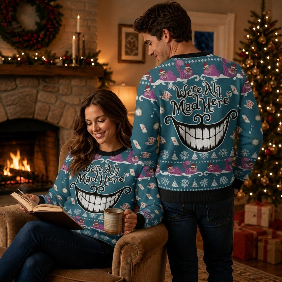 We Are All Mad Here Ugly Christmas Sweater - Cheshire Cat Holiday Knit Print