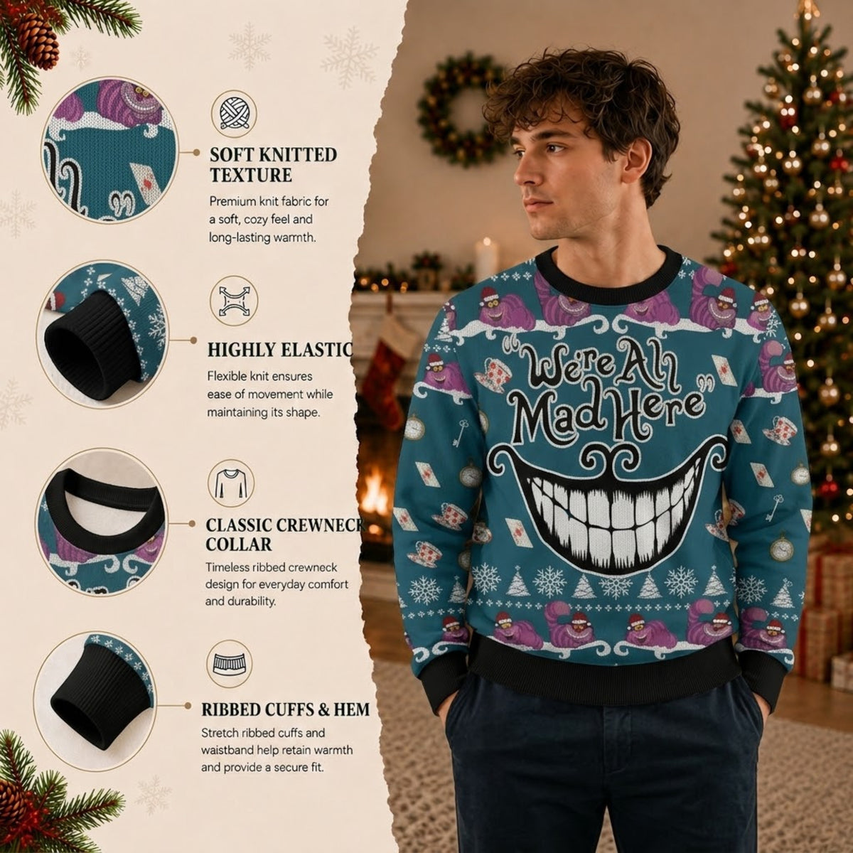 We Are All Mad Here Ugly Christmas Sweater - Cheshire Cat Holiday Knit Print