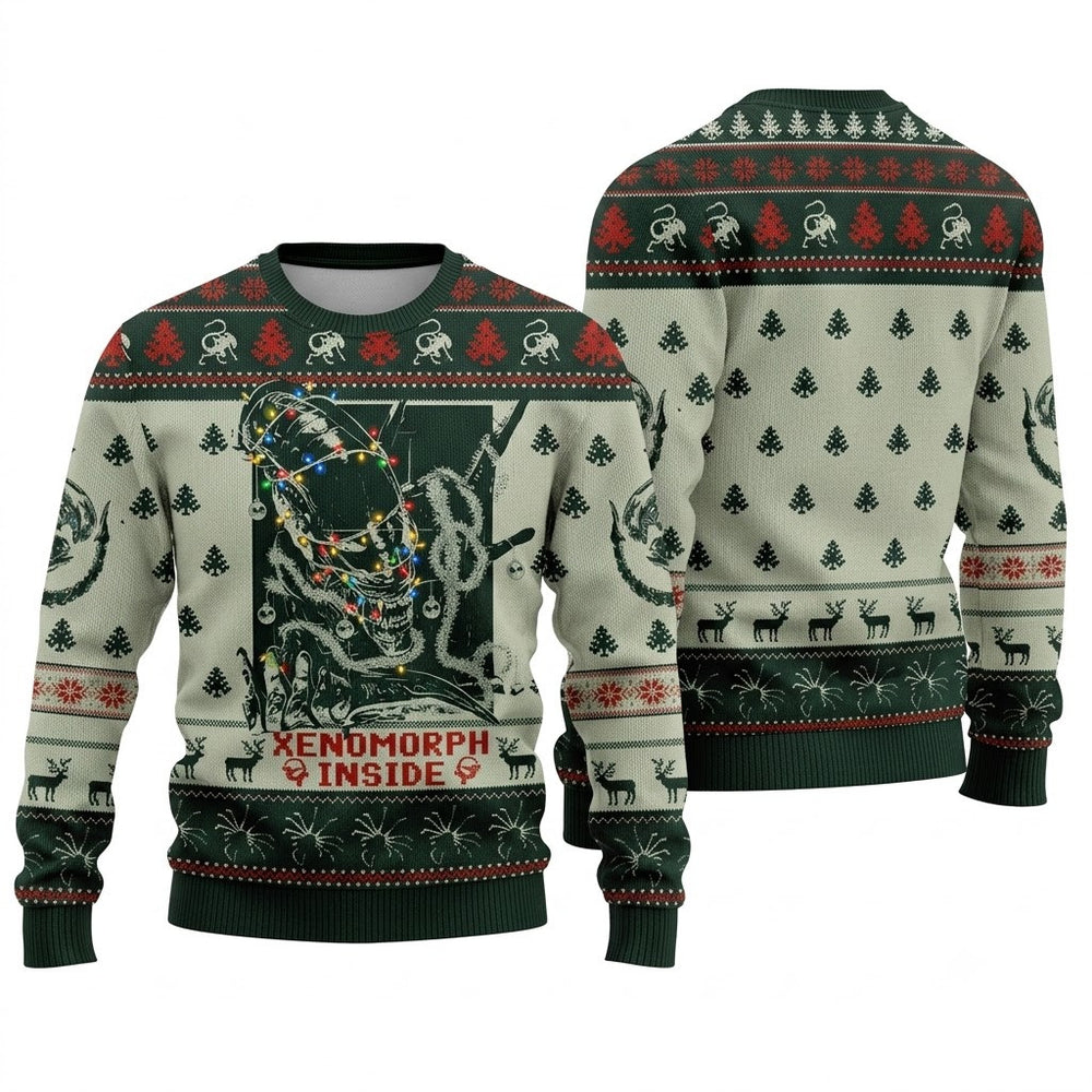 Xenomorph Inside Alien Sci-Fi Ugly Christmas Sweater - Spooky Holiday Knit Print