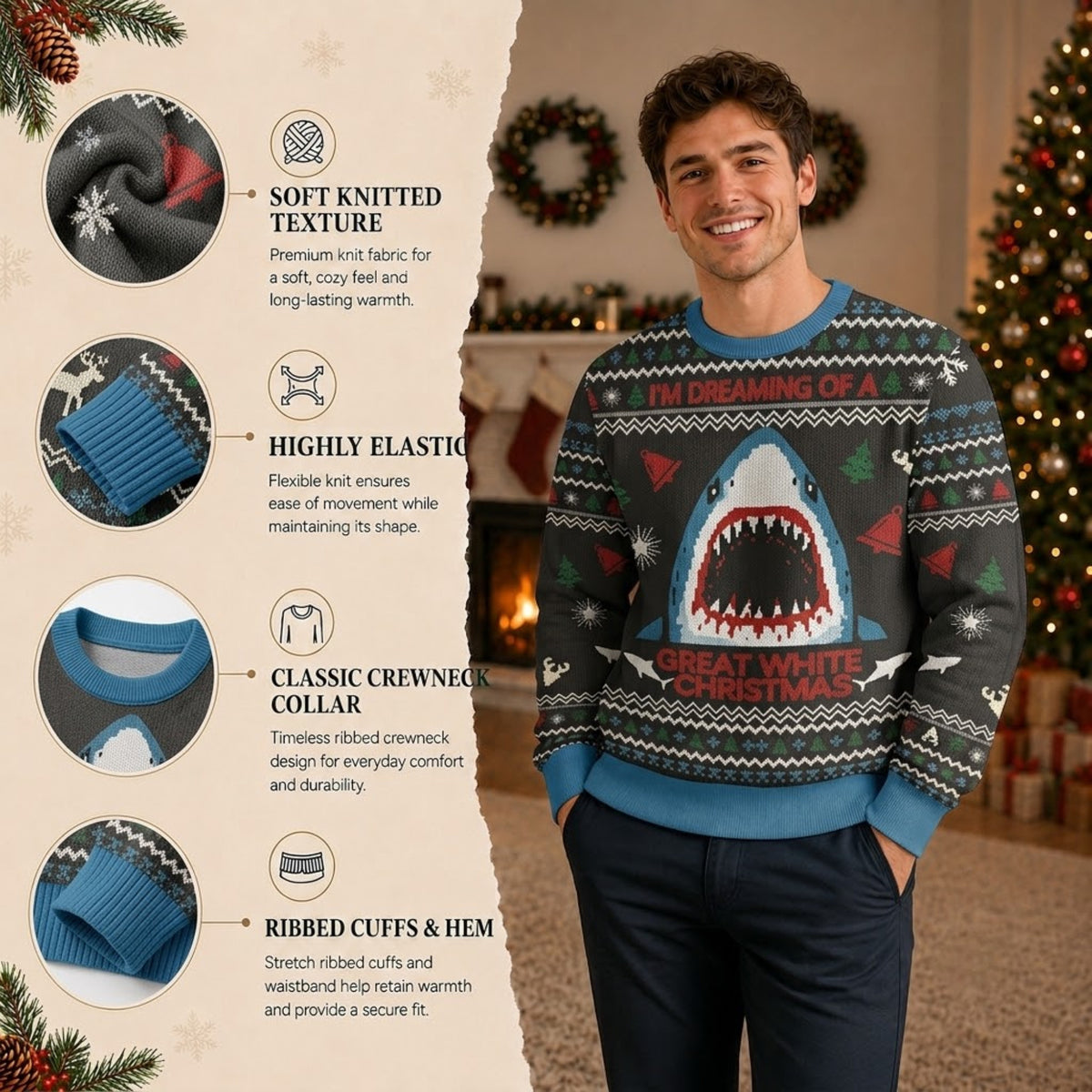 Funny Shark Ugly Christmas Sweater - Great White Holiday Knit Print