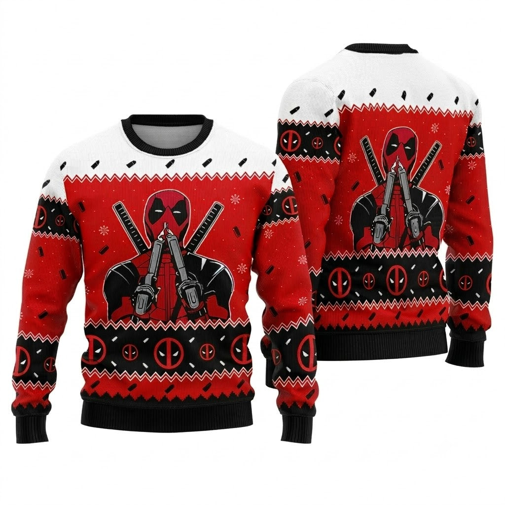 Red Suit Dual Sword Mercenary Ugly Christmas Sweater - Funny Antihero Holiday Knit Print