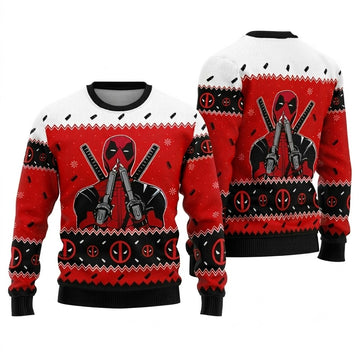 Red Suit Dual Sword Mercenary Ugly Christmas Sweater - Funny Antihero Holiday Knit Print