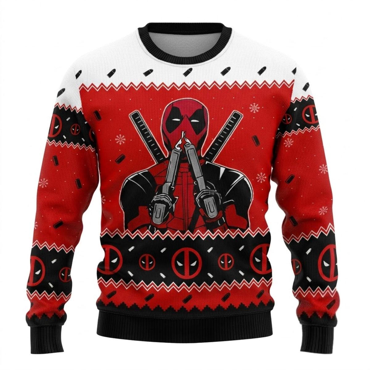 Red Suit Dual Sword Mercenary Ugly Christmas Sweater - Funny Antihero Holiday Knit Print
