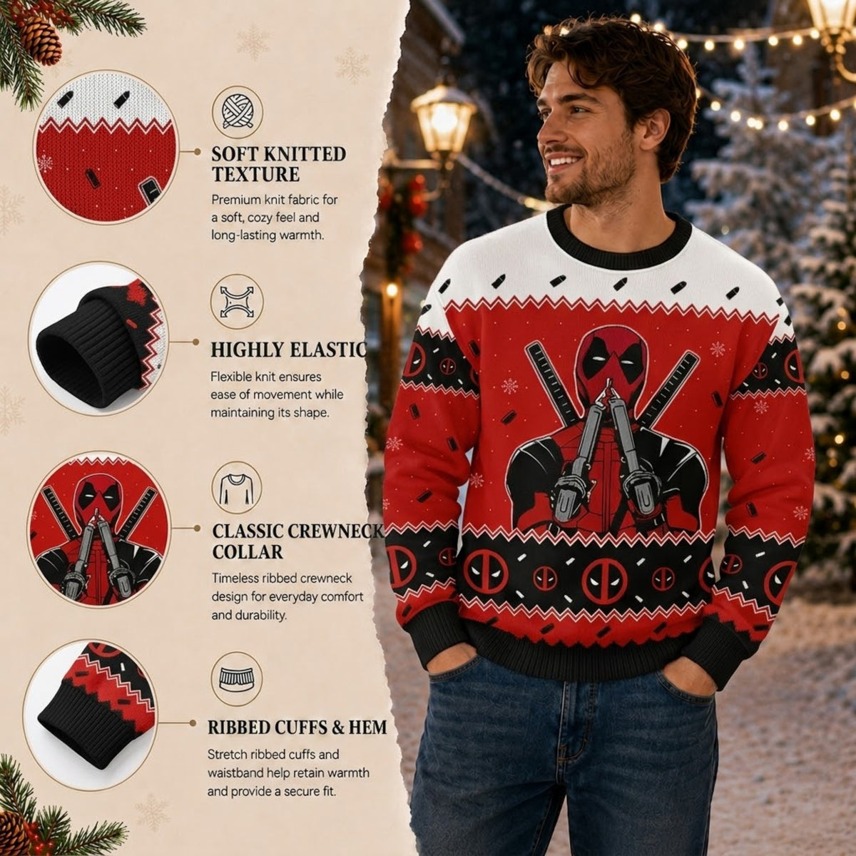 Red Suit Dual Sword Mercenary Ugly Christmas Sweater - Funny Antihero Holiday Knit Print