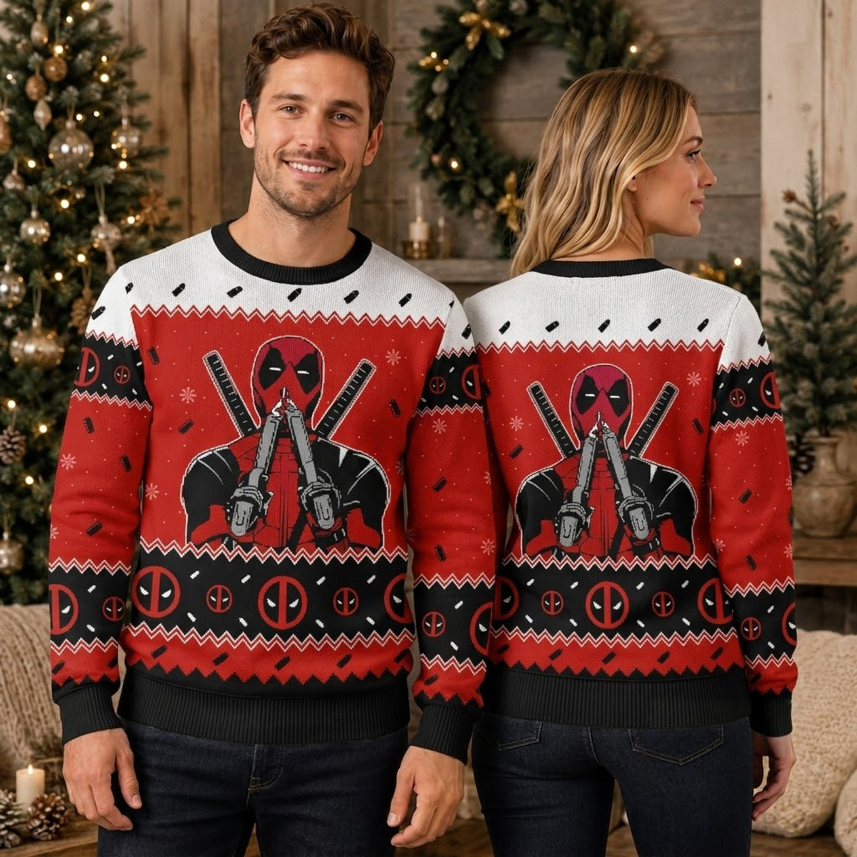 Red Suit Dual Sword Mercenary Ugly Christmas Sweater - Funny Antihero Holiday Knit Print