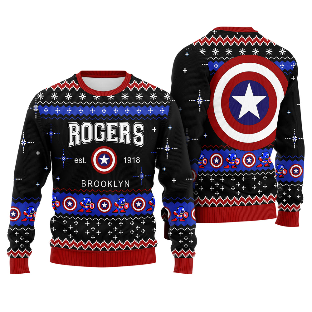 Star Shield Hero Ugly Christmas Sweater - Vintage Brooklyn Holiday Knit Print