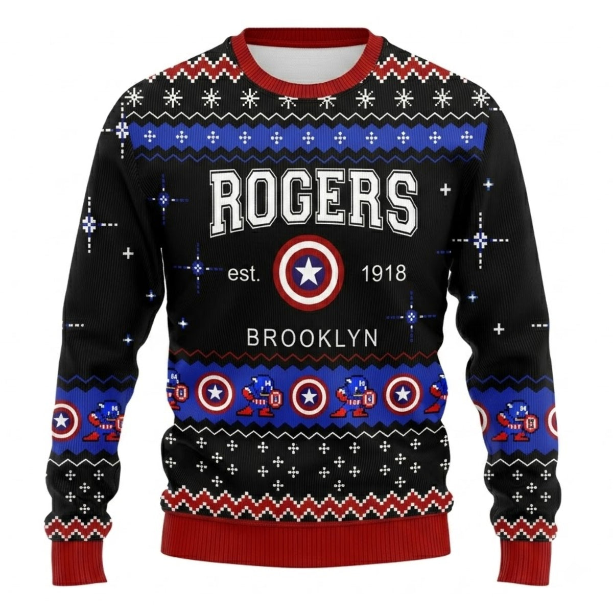 Star Shield Hero Ugly Christmas Sweater - Vintage Brooklyn Holiday Knit Print