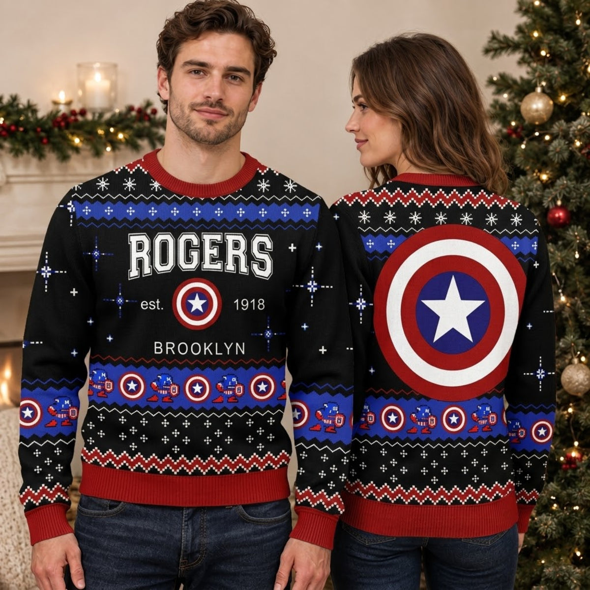 Star Shield Hero Ugly Christmas Sweater - Vintage Brooklyn Holiday Knit Print