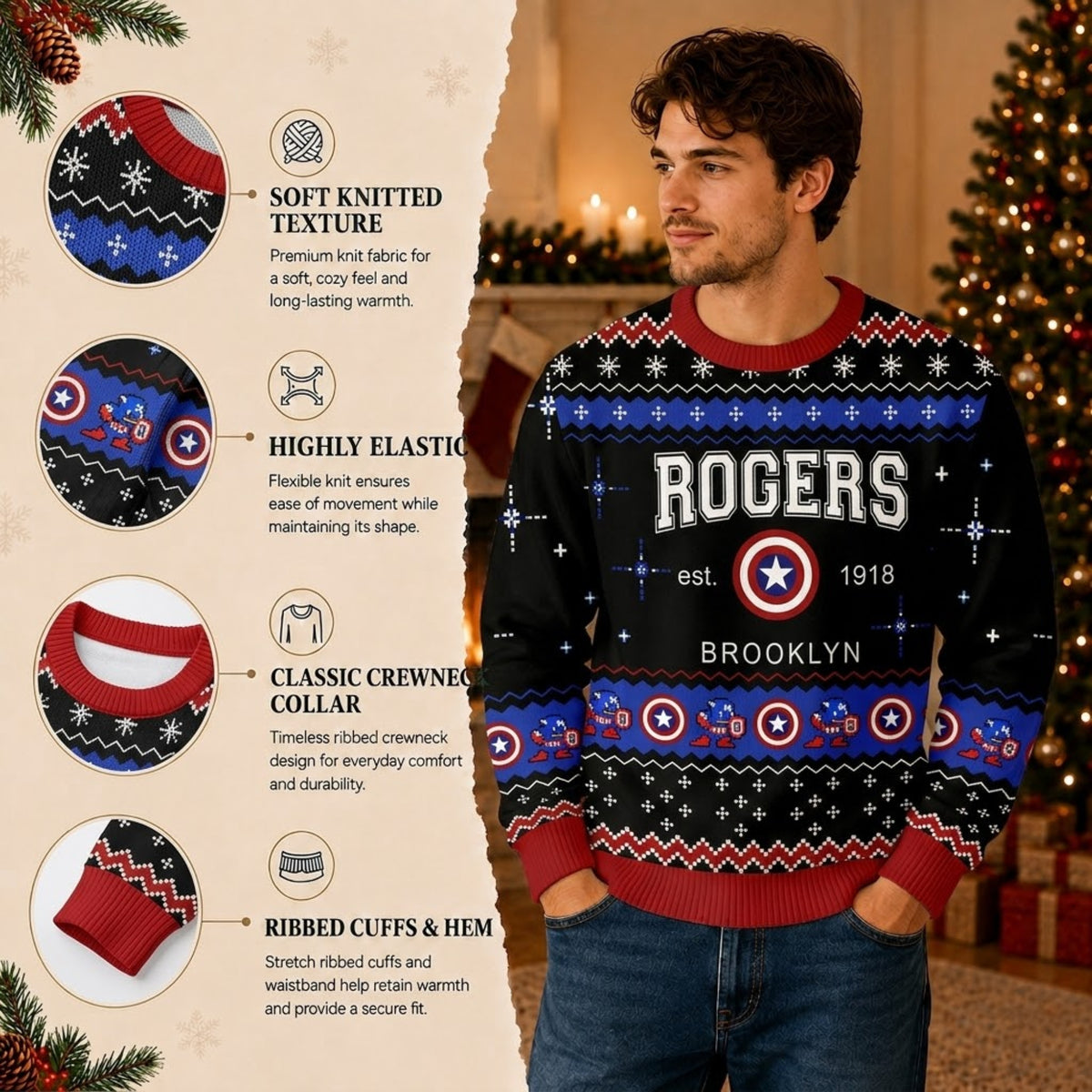 Star Shield Hero Ugly Christmas Sweater - Vintage Brooklyn Holiday Knit Print