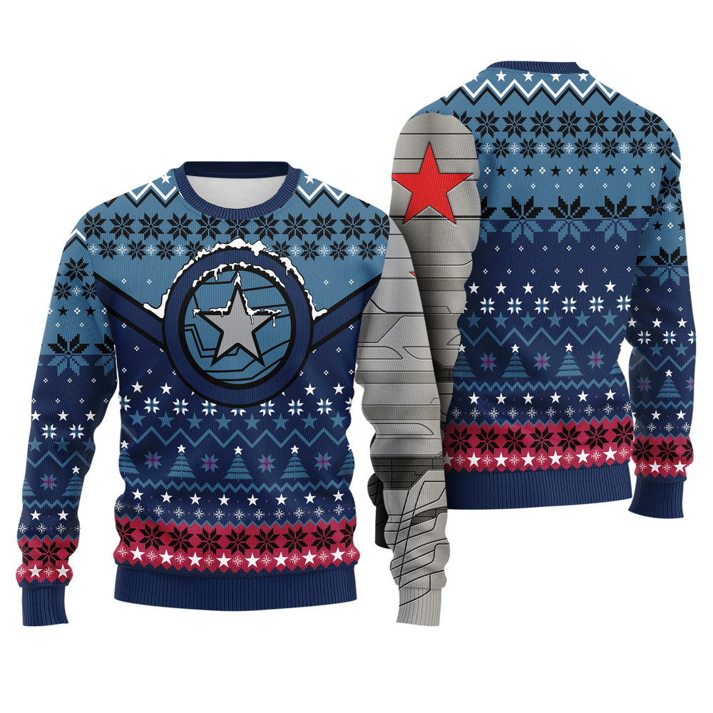 Cold Assassin Metal Arm Ugly Christmas Sweater - Red Star Heroic Holiday Knit Print