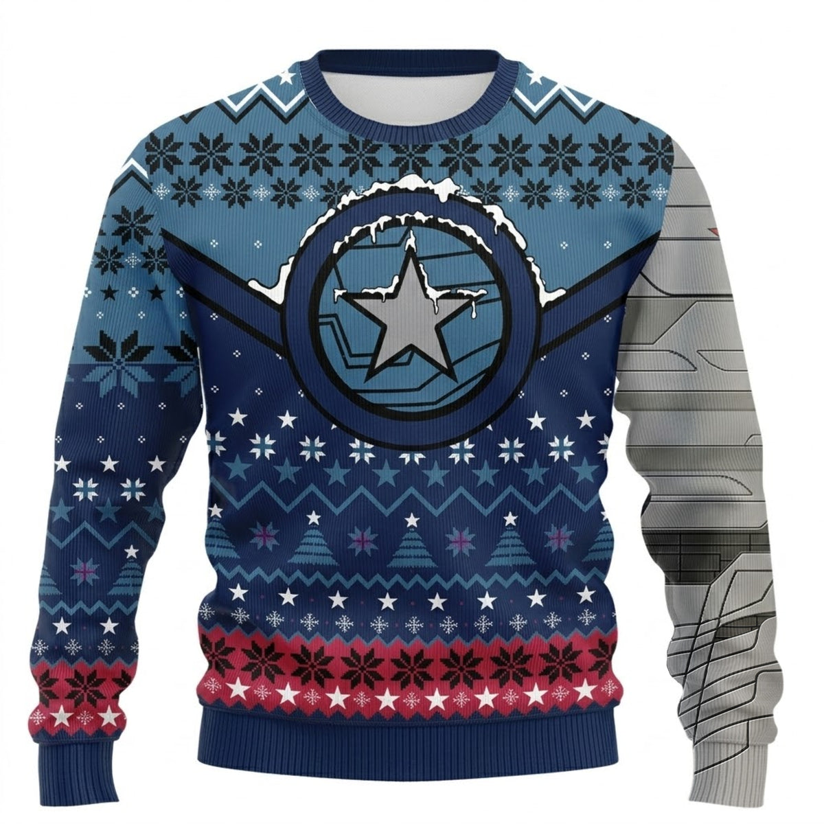 Cold Assassin Metal Arm Ugly Christmas Sweater - Red Star Heroic Holiday Knit Print