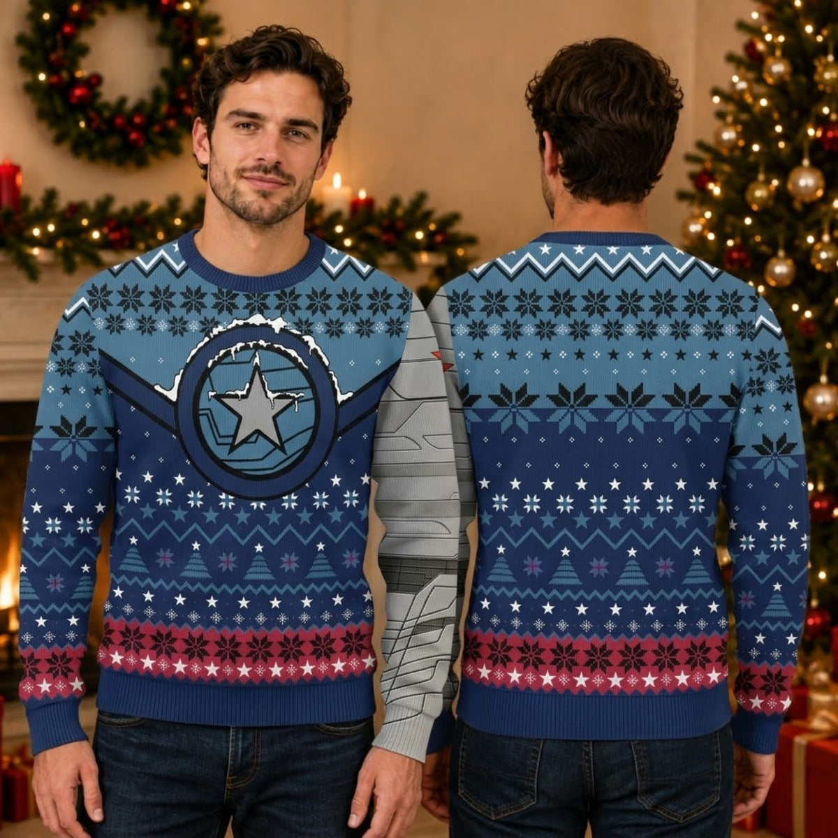 Cold Assassin Metal Arm Ugly Christmas Sweater - Red Star Heroic Holiday Knit Print