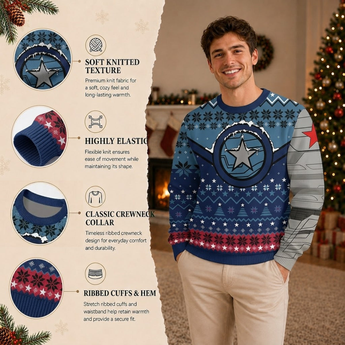 Cold Assassin Metal Arm Ugly Christmas Sweater - Red Star Heroic Holiday Knit Print