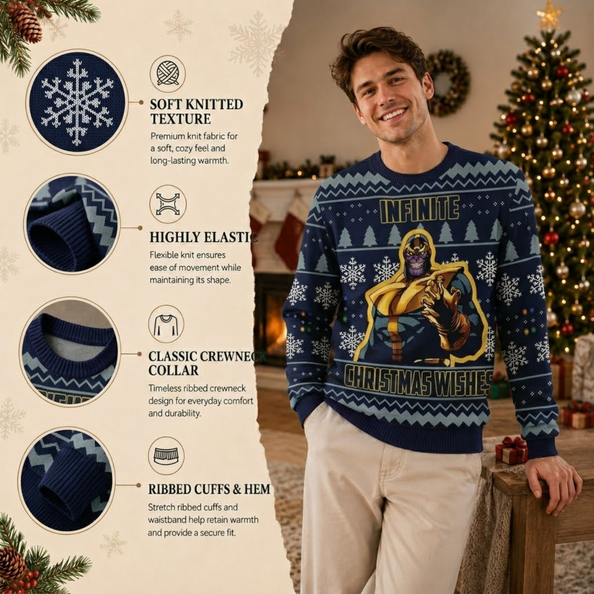 Titan Cosmic Conqueror Ugly Christmas Sweater - Infinity Gems Supervillain Holiday Knit Print