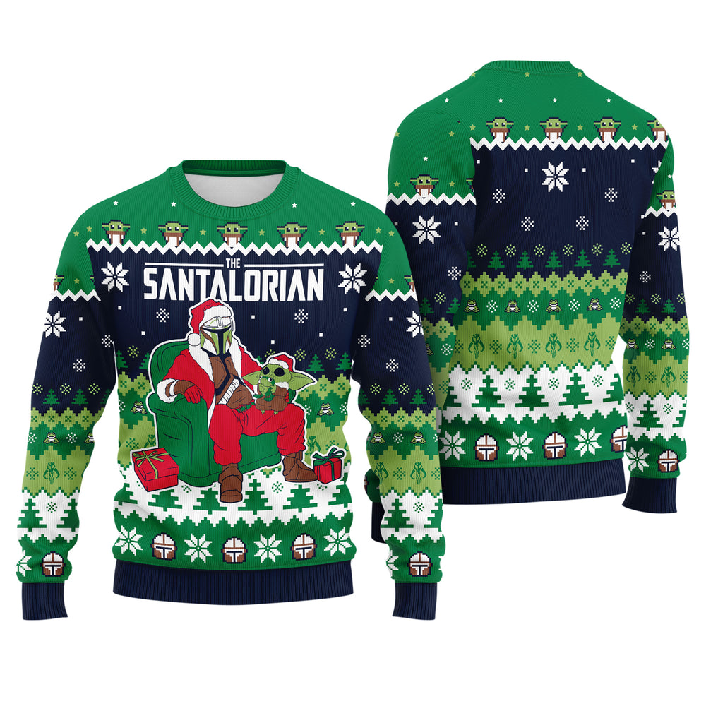 The Space Bounty Hunter and Green Alien Baby Ugly Christmas Sweater - Sci-Fi Holiday Knit Print