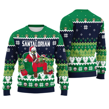 The Space Bounty Hunter and Green Alien Baby Ugly Christmas Sweater - Sci-Fi Holiday Knit Print