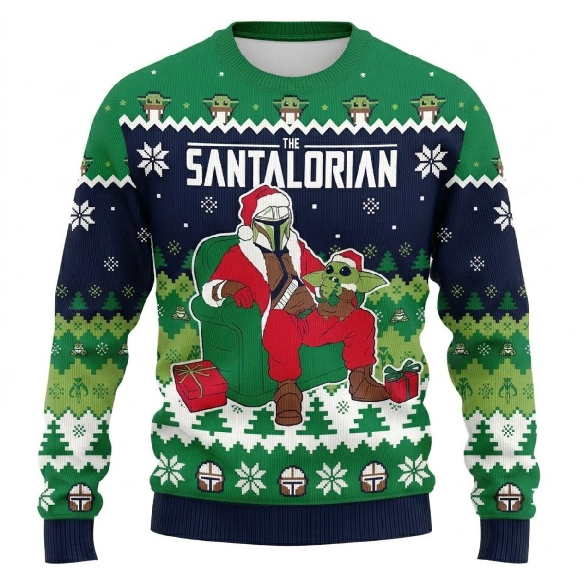 The Space Bounty Hunter and Green Alien Baby Ugly Christmas Sweater - Sci-Fi Holiday Knit Print