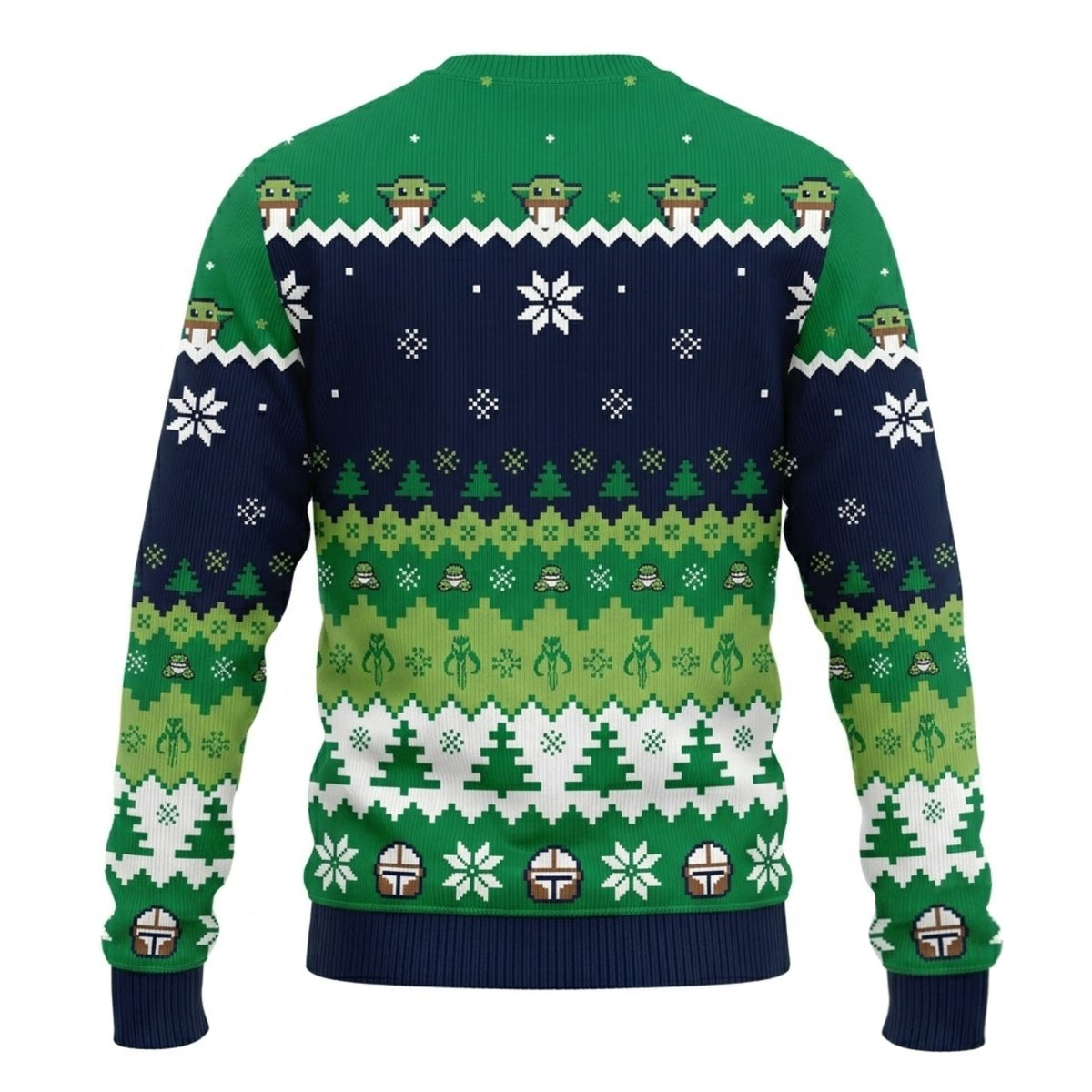 The Space Bounty Hunter and Green Alien Baby Ugly Christmas Sweater - Sci-Fi Holiday Knit Print