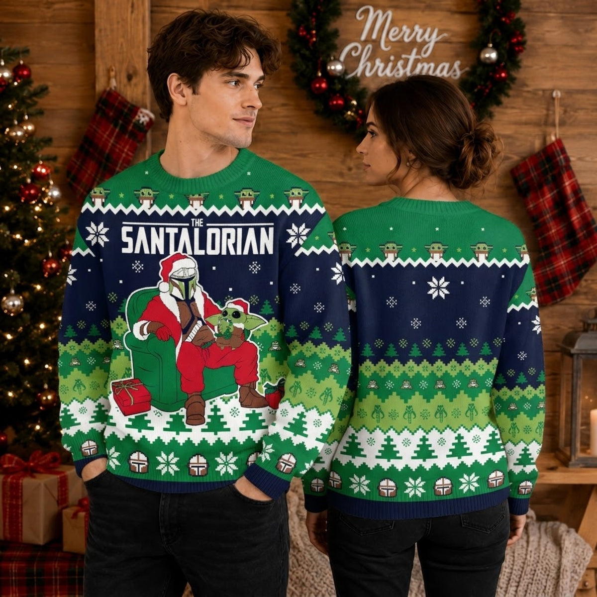 The Space Bounty Hunter and Green Alien Baby Ugly Christmas Sweater - Sci-Fi Holiday Knit Print