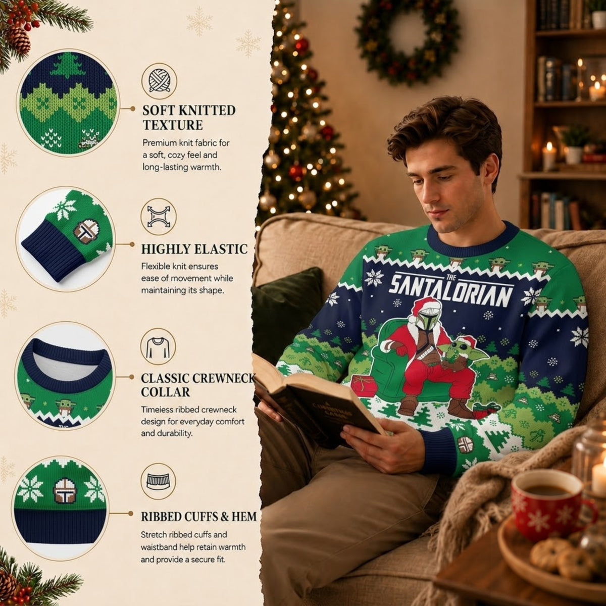 The Space Bounty Hunter and Green Alien Baby Ugly Christmas Sweater - Sci-Fi Holiday Knit Print