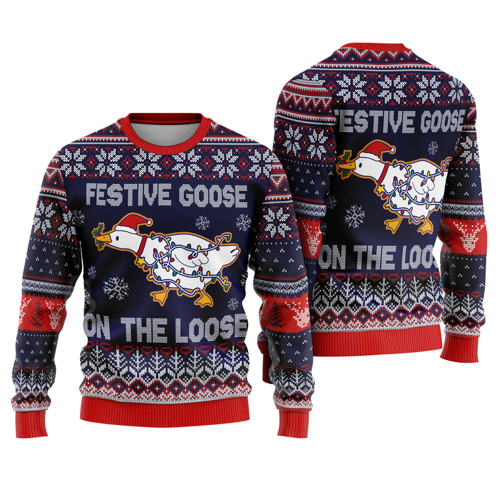 Festive Goose On The Loose Ugly Christmas Sweater - Funny Holiday Knit Print