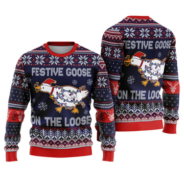 Festive Goose On The Loose Ugly Christmas Sweater - Funny Holiday Knit Print