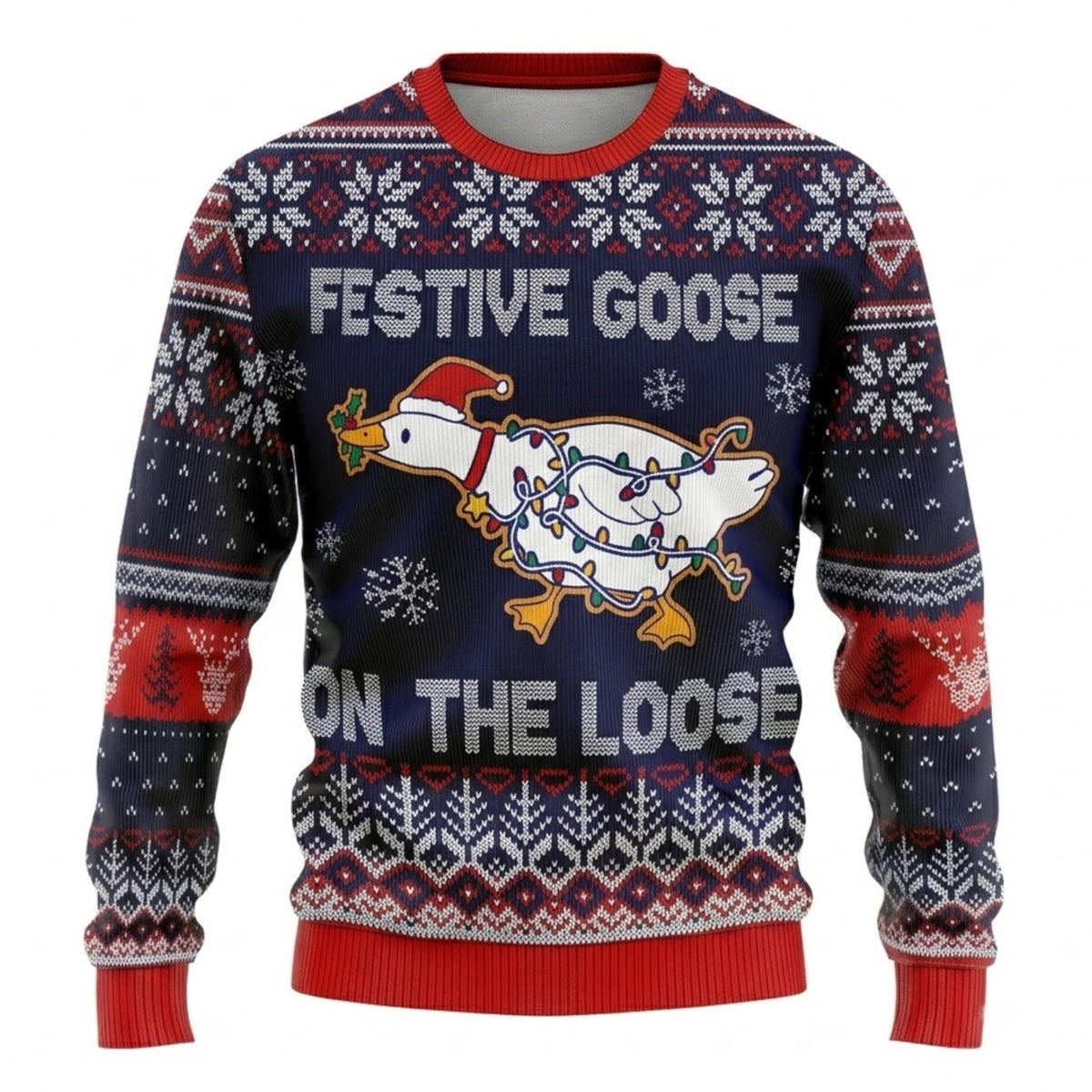 Festive Goose On The Loose Ugly Christmas Sweater - Funny Holiday Knit Print