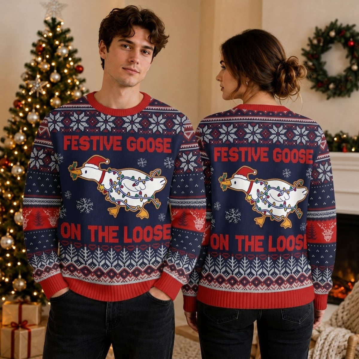 Festive Goose On The Loose Ugly Christmas Sweater - Funny Holiday Knit Print