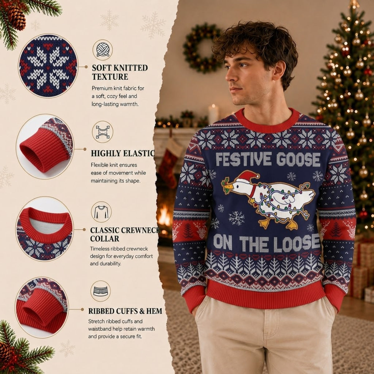 Festive Goose On The Loose Ugly Christmas Sweater - Funny Holiday Knit Print