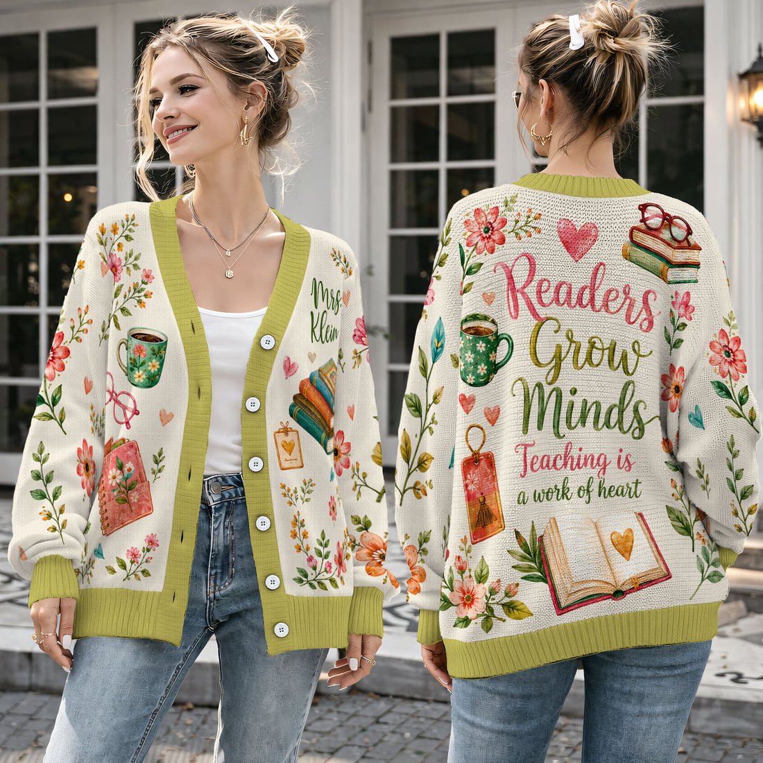 Teaching Is A Work Of Heart Cardigan Sweater - Cute Teacher Floral Book Knitwear