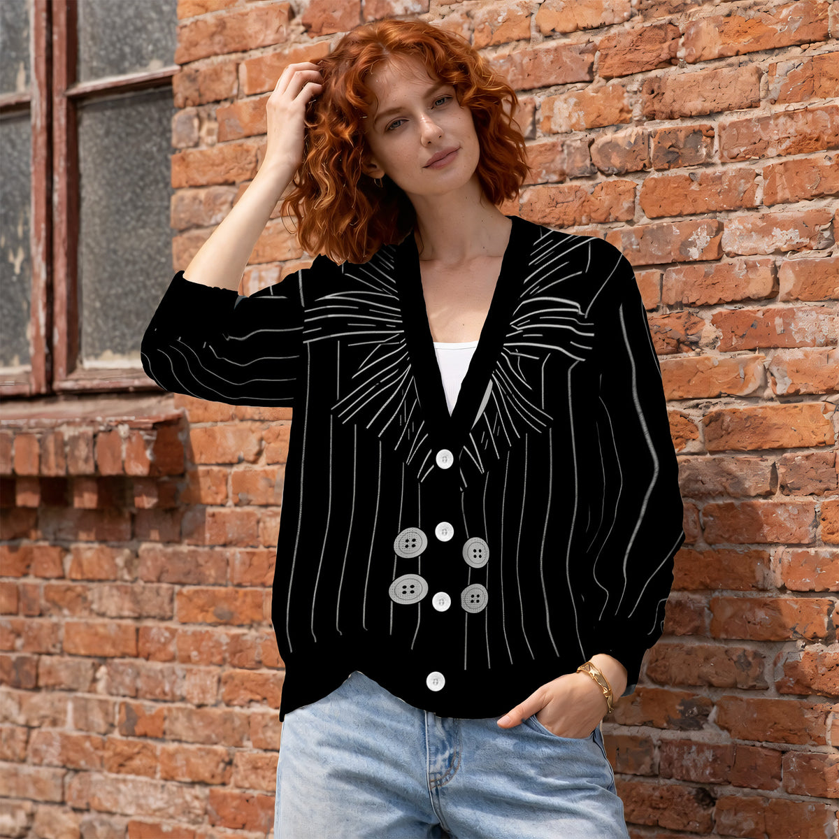 Pumpkin King Pinstripe Cardigan Sweater - Spooky Gothic Skeleton Knitwear