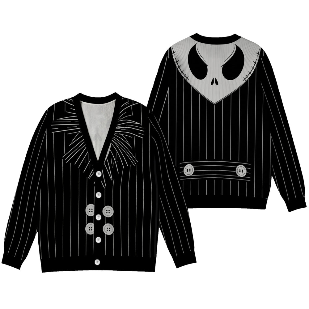 Pumpkin King Pinstripe Cardigan Sweater - Spooky Gothic Skeleton Knitwear