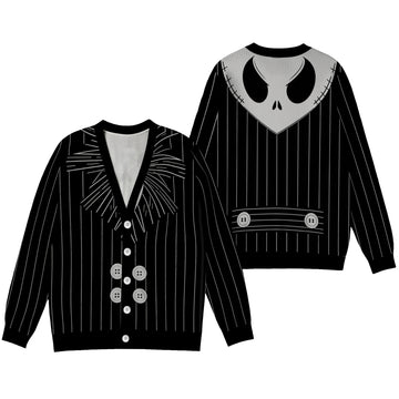 Pumpkin King Pinstripe Cardigan Sweater - Spooky Gothic Skeleton Knitwear