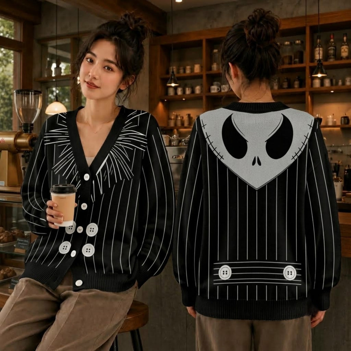 Pumpkin King Pinstripe Cardigan Sweater - Spooky Gothic Skeleton Knitwear