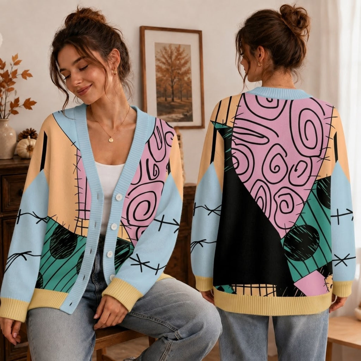 Ragdoll Patchwork Cardigan Sweater - Spooky Gothic Halloween Knitwear