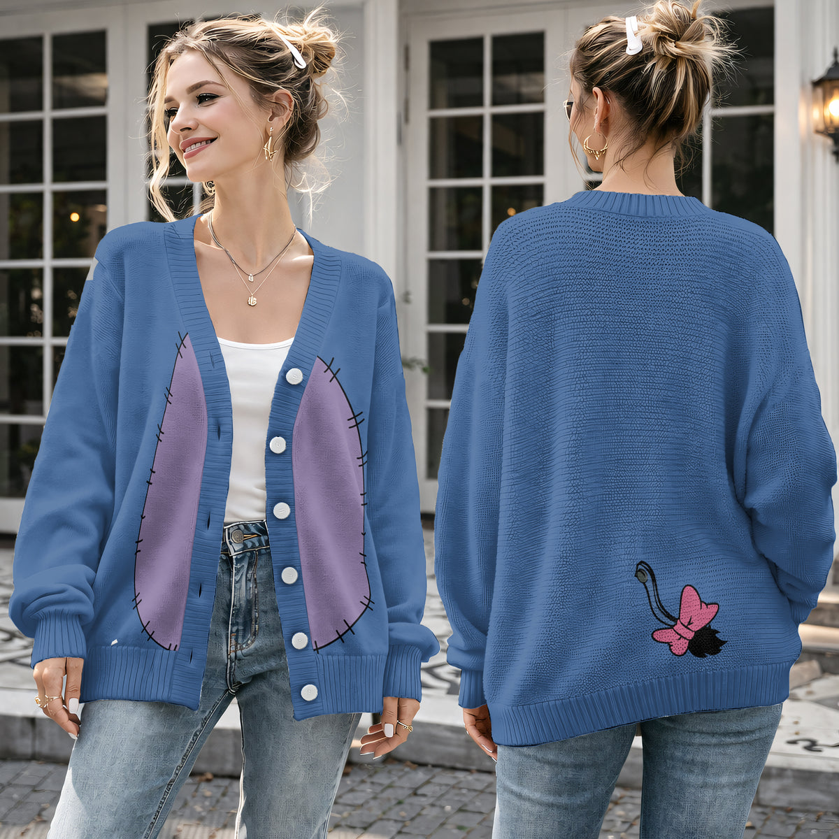 Blue Donkey Friend Cardigan Sweater - Cute Stitched Pink Bow Tail Knitwear