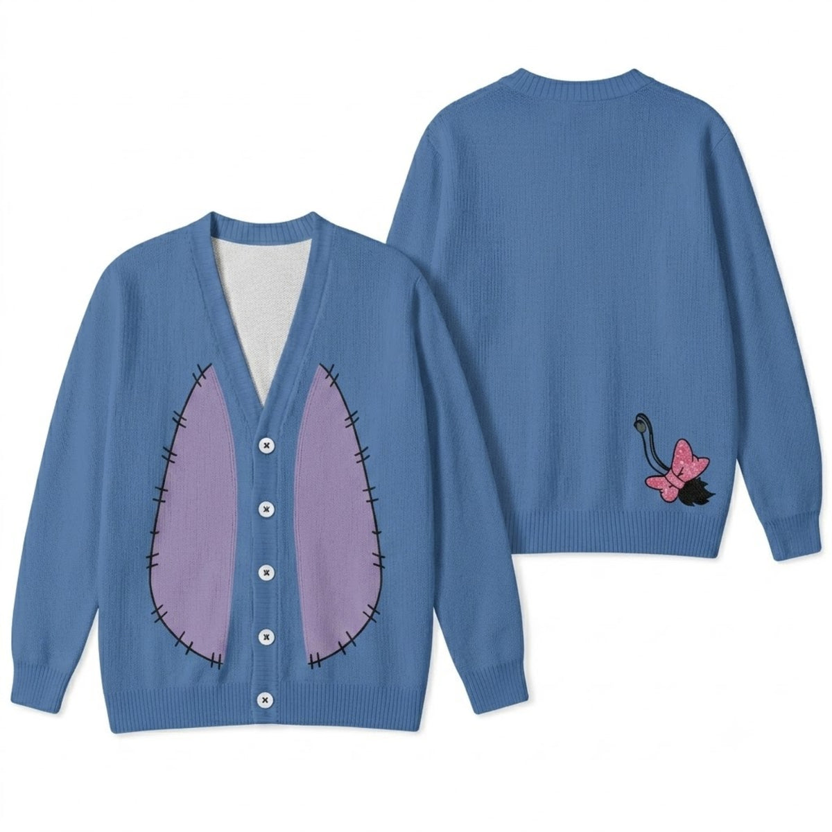 Blue Donkey Friend Cardigan Sweater - Cute Stitched Pink Bow Tail Knitwear