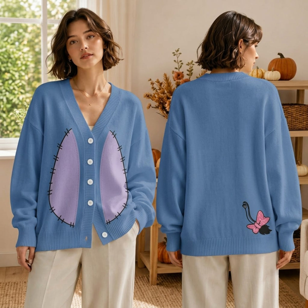 Blue Donkey Friend Cardigan Sweater - Cute Stitched Pink Bow Tail Knitwear