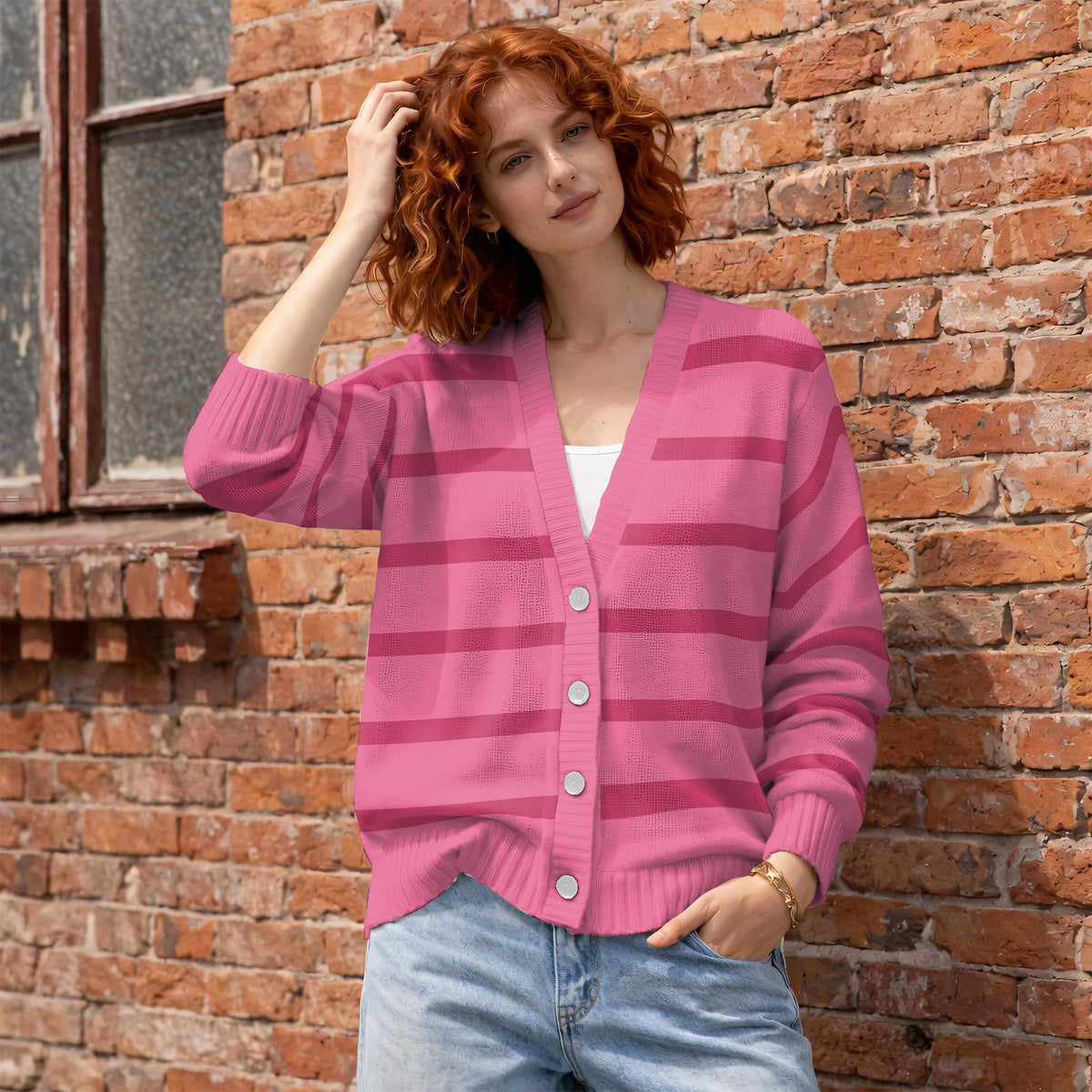 Pink Striped Cardigan Sweater - Cute Pastel Striped Pig Friend Knitwear