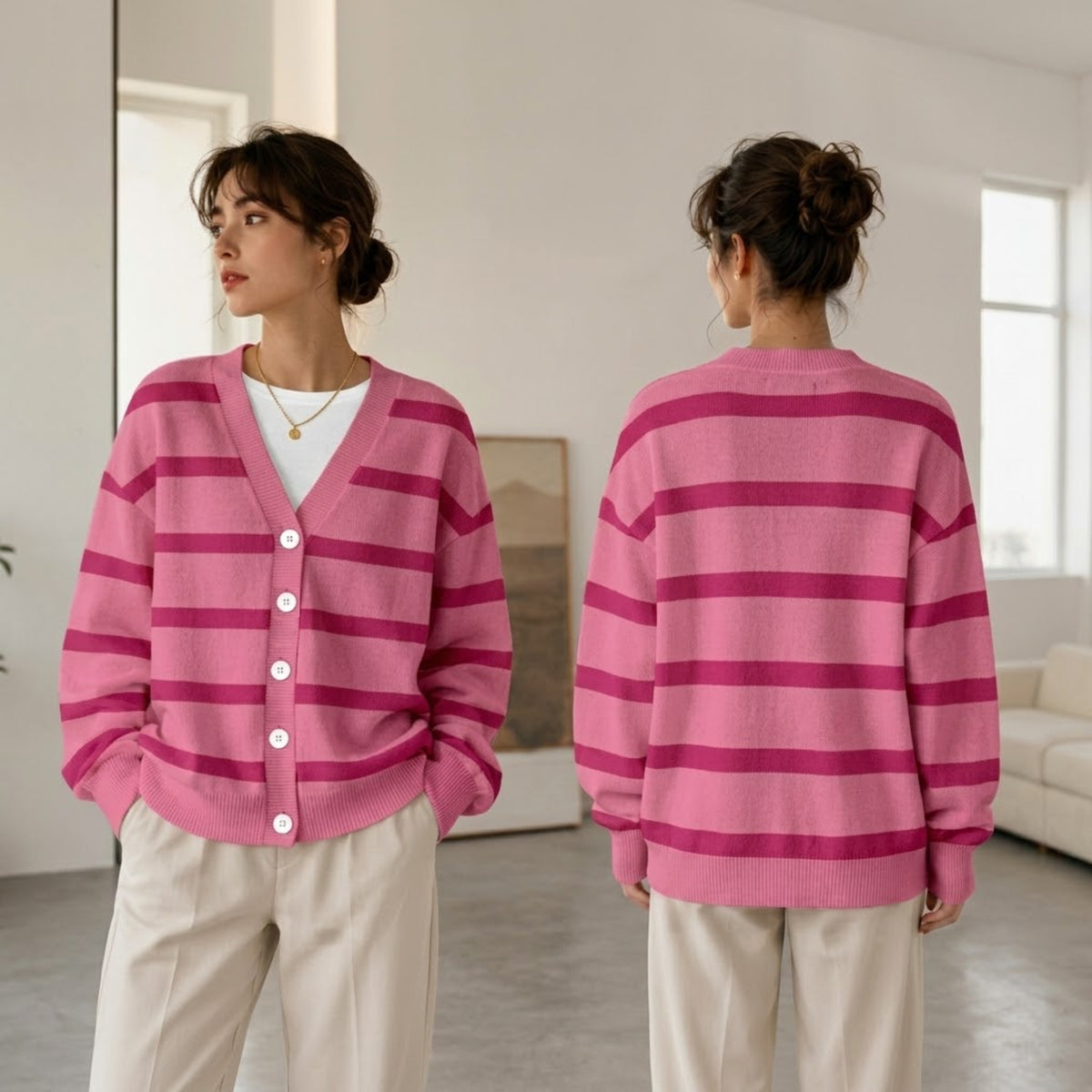 Pink Striped Cardigan Sweater - Cute Pastel Striped Pig Friend Knitwear