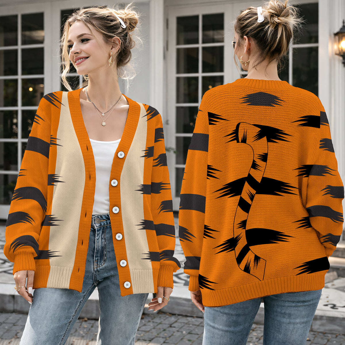 Orange Tiger Cardigan Sweater - Bouncing Tail Stripe Graphic Knitwear