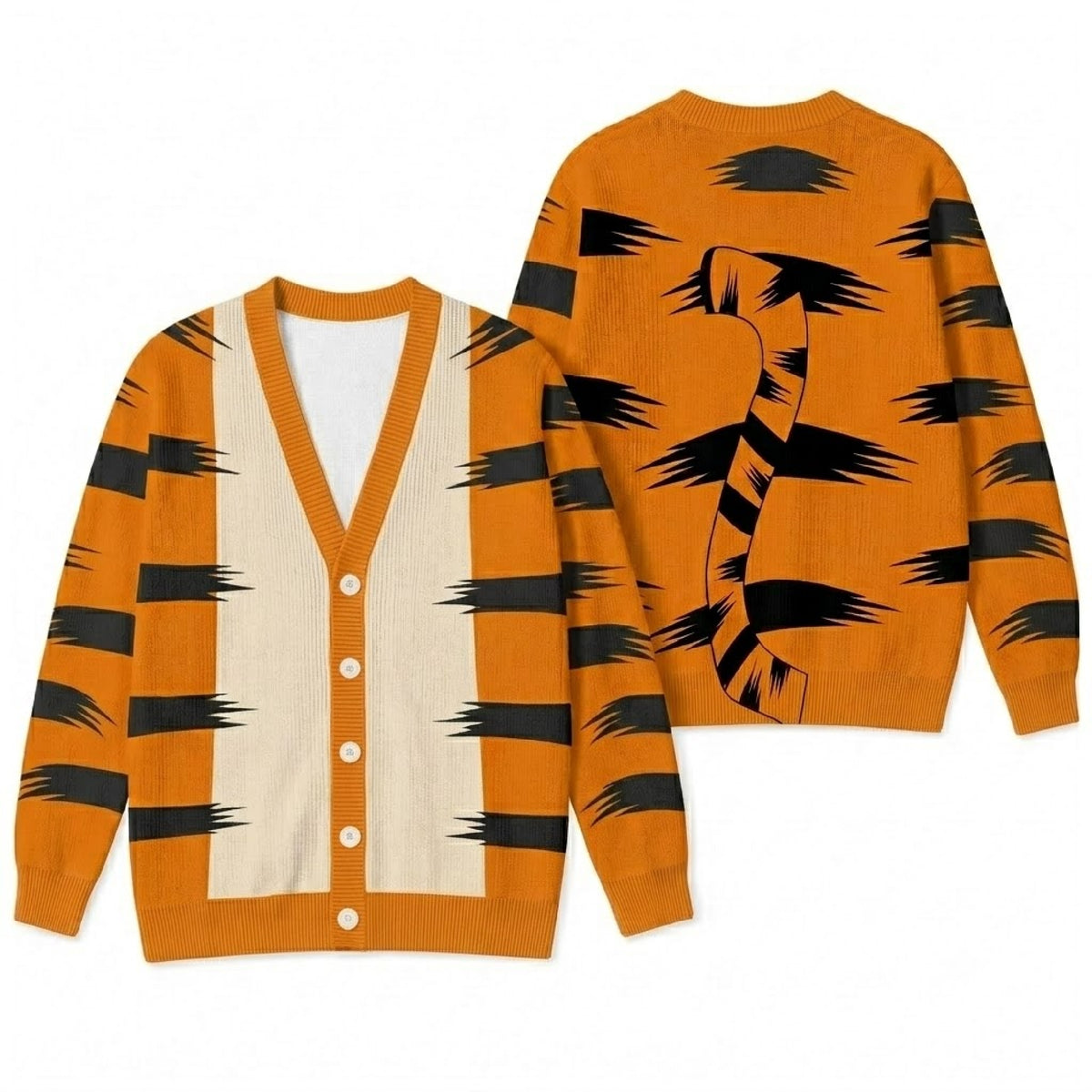 Orange Tiger Cardigan Sweater - Bouncing Tail Stripe Graphic Knitwear