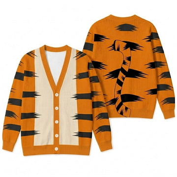 Orange Tiger Cardigan Sweater - Bouncing Tail Stripe Graphic Knitwear