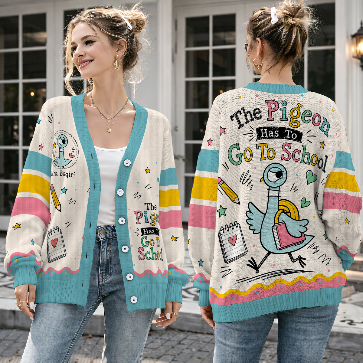 Teacher The Pigeon Cardigan Sweater - Cute Back to School Storybook Knitwear